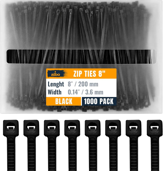 ALBO Zip Ties Black 8 Inch 40 lb 1000 Pack