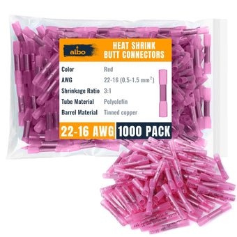 compare product ALBO Heat Shrink Butt Connectors 22-16 AWG (1000pcs) - Red Insulated Crimp Wire Splice Terminals for Automotive, Marine Electrical Wiring Projects | Copper Connectors for 0.5-1.5mm² Wire Gauge