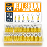 ALBO 250PCS Yellow Heat Shrink Ring Terminal Kit – 12-10 AWG Wire Terminal Connectors Assortment, 6 Sizes (#8, #10, 1/4", 5/16", 3/8", 1/2") – Waterproof Tinned Copper Electrical Ring Connectors