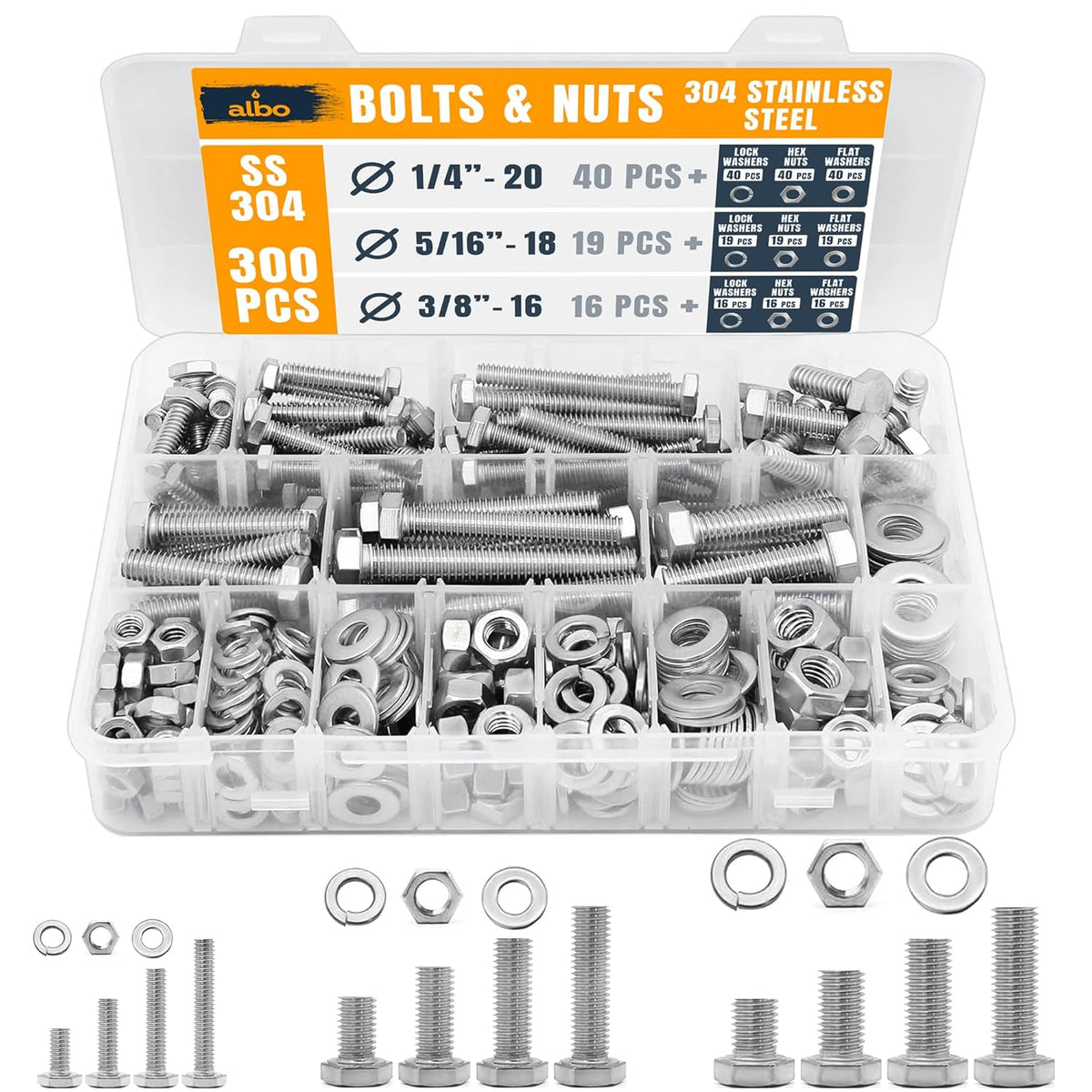 ALBO Hex Head Bolts and Nuts Stainless Steel Assortment Kit 1/4"-3/8", 1/2"-1-1/2" Lengths, 300pcs