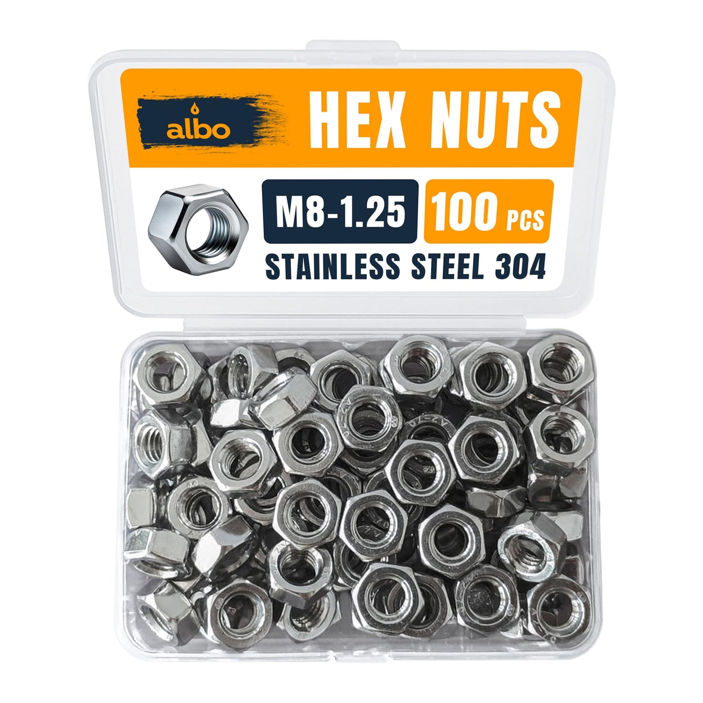 100 PCS M8-1.25 Hex Nuts – Stainless Steel 304 Metric Nuts Set in Reusable Box – Hardware for Automotive & DIY – M8 Nuts, Metric Nut Assortment