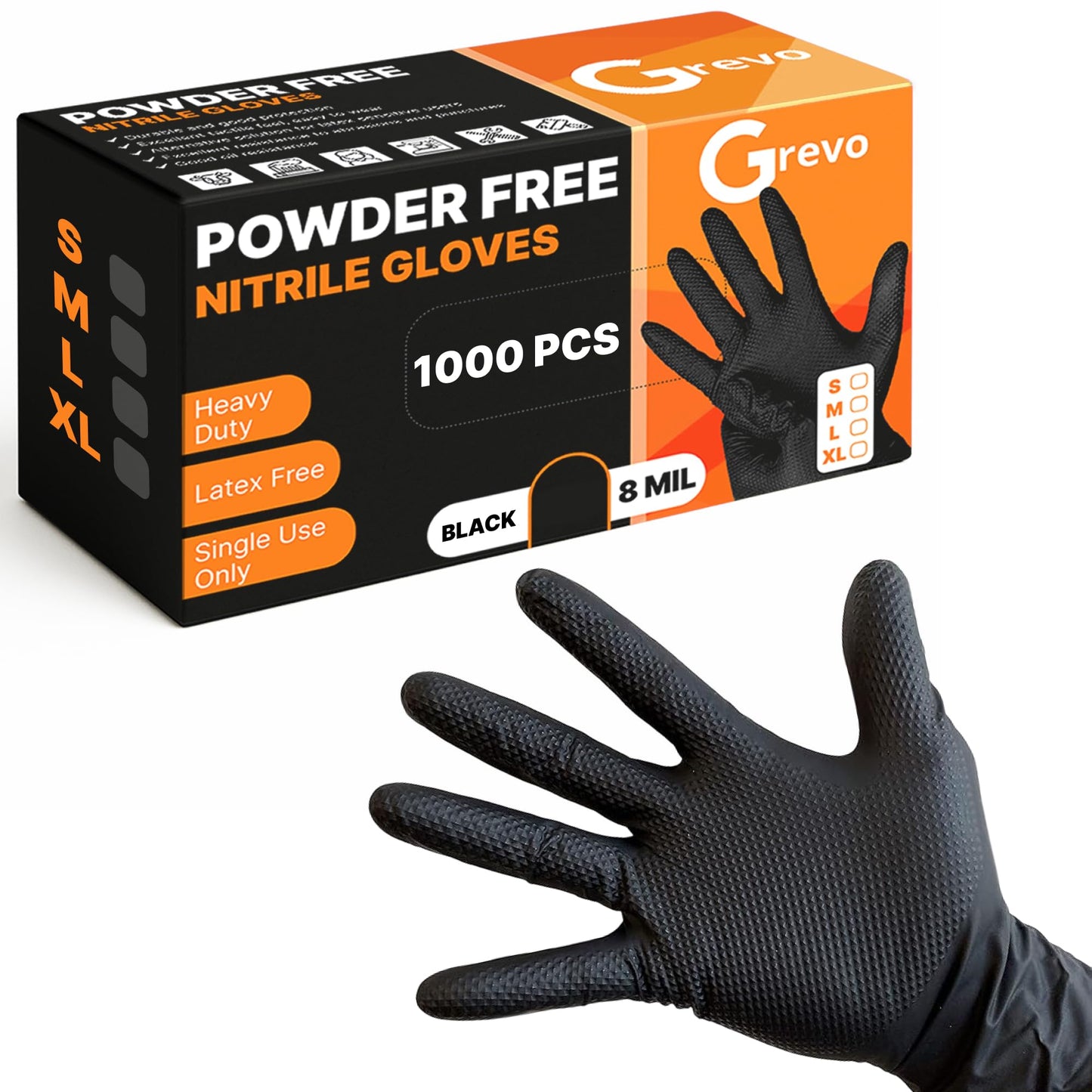 Grevo Disposable 5 & 8 Mil Black Nitrile Gloves S-XL – Heavy Duty Latex & Powder-Free – Textured, Chemical-Resistant (1000 PCS 8 Mil, X-Large)