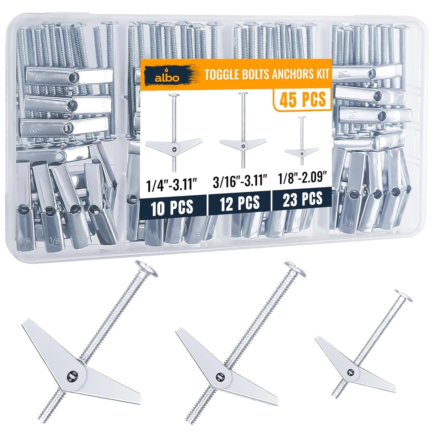 ALBO Heavy Duty Metal Drywall Anchors Toggle Bolts Kit (1/8in, 3/16in, 1/4in) 45pcs