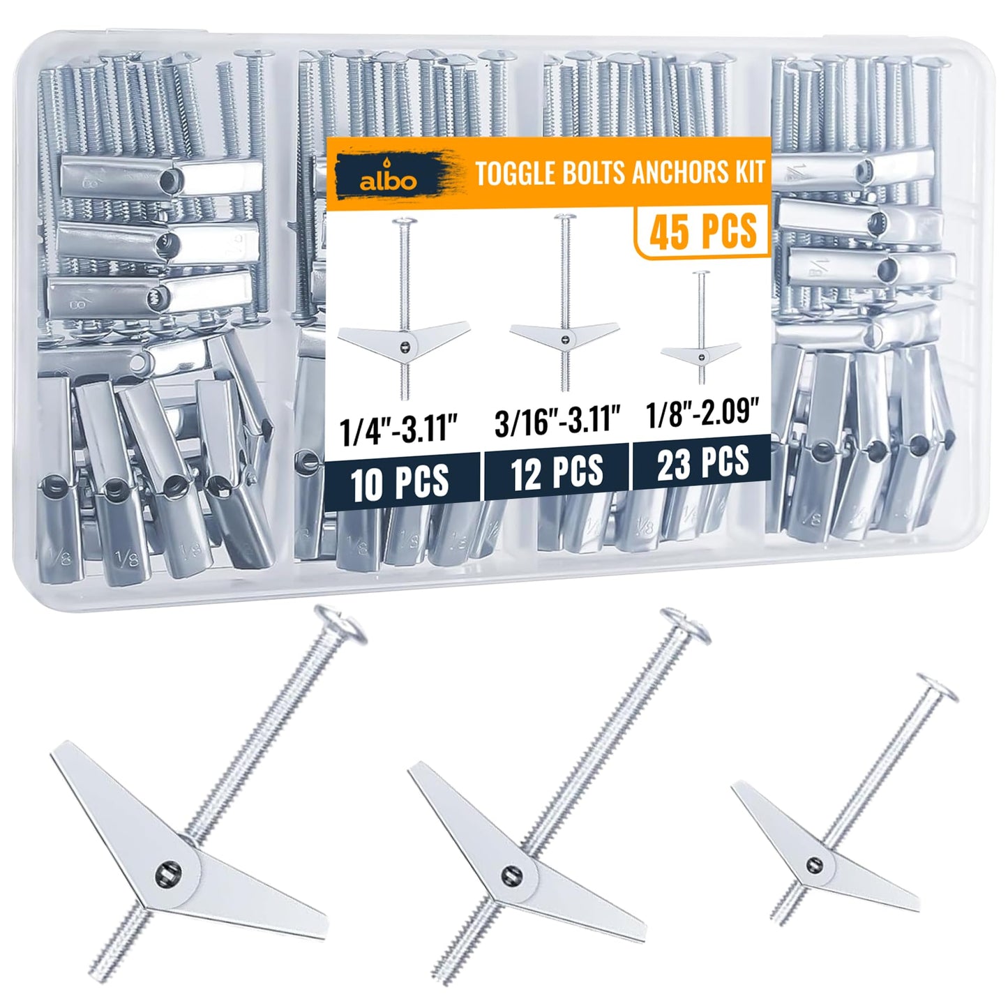 ALBO 45-Piece Heavy Duty Hollow Wall Anchors Kit for Drywall Ceilings with Screw Spring/Includes Toggle Bolts and Wing Nut Assortment in 3 Sizes (1/8in, 3/16in, 1/4in)