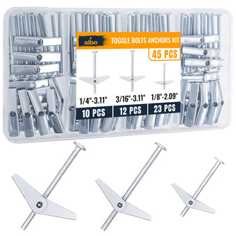 compare product ALBO 45-Piece Heavy Duty Hollow Wall Anchors Kit for Drywall Ceilings with Screw Spring/Includes Toggle Bolts and Wing Nut Assortment in 3 Sizes (1/8in, 3/16in, 1/4in)