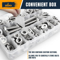 ALBO Hex Head Bolts and Nuts Stainless Steel Assortment Kit 1/4"-3/8", 1/2"-1-1/2" Lengths, 300pcs