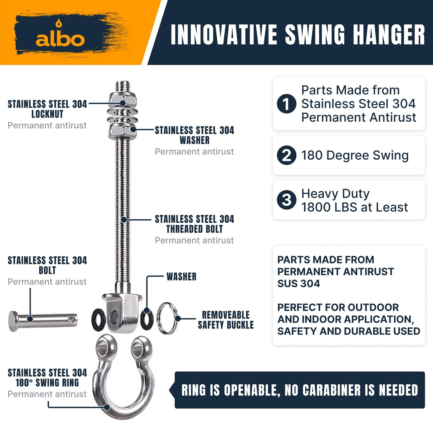 Albo 2 Pack Heavy Duty Swing Hangers – 7 Inch, 304 Stainless Steel, 1800 lbs Swivel Hooks for Porch, Punching Bag, Hammock, Yoga, Gym, Playground, Ceiling Mount for Wood & Concrete Indoor Outdoor