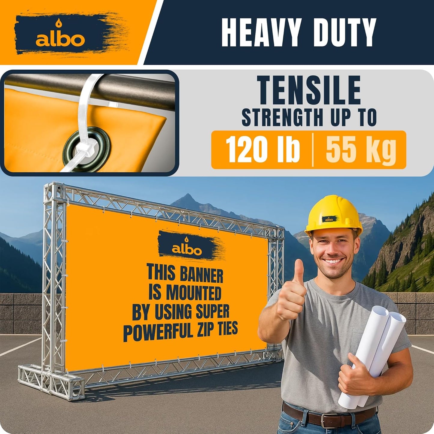 ALBO Heavy Duty White Zip Ties 16 inch 120lb 100 Pack