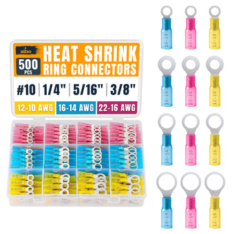 compare product ALBO 500PCS Heat Shrink Ring Terminal Kit – Wire Terminal Connectors Assortment for 22-10 AWG, Waterproof Electrical Connectors Set – Tinned Copper Electrical Ring Terminals