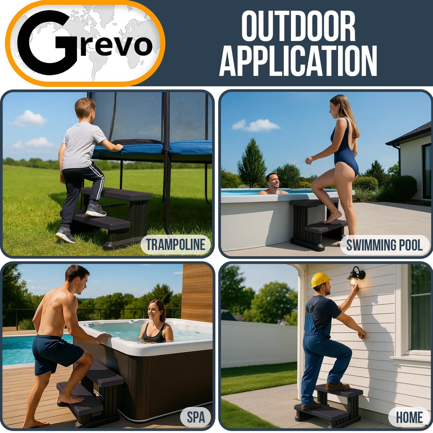 GREVO Outdoor Steps for Hot Tub Wide 31", Brown/Fits Round and Straight Pools, Non-Slip Steps, Quick Assemble