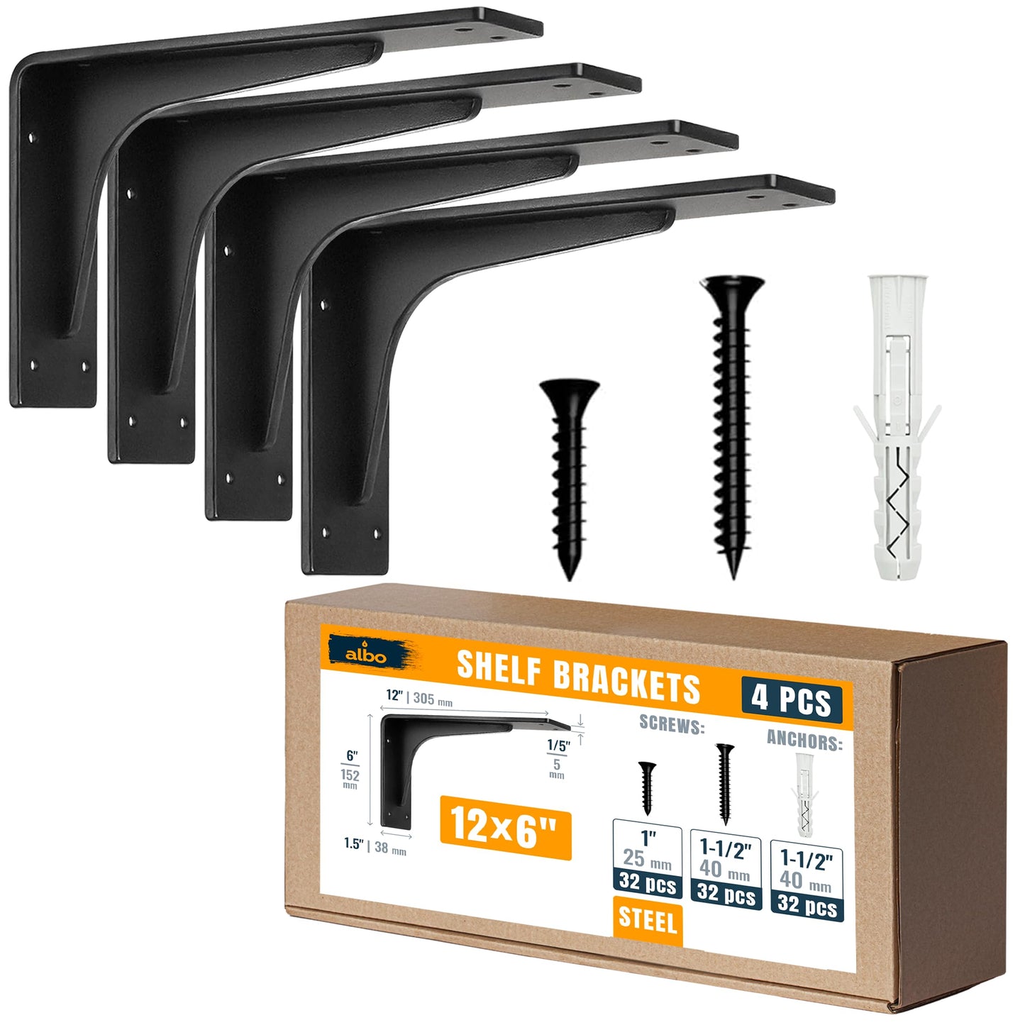 ALBO 12" Heavy Duty Countertop Support Brackets 4PCS, 400 lb 5 mm Steel – Hidden Floating Shelf Corbel | Matte Black Powder-Coated L Brackets Incl Screws & Anchors for Quartz Granite Wood Concrete