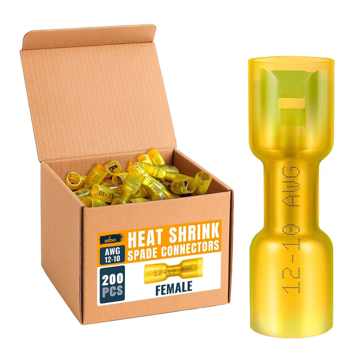 ALBO 200PCS Heat Shrink Female Spade Connectors Kit – AWG 12–10 Yellow Waterproof Electrical Terminals, Fully Insulated Female Wire Spade Connectors for Marine, and Heavy-Duty Wiring Projects