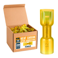 ALBO 200PCS Heat Shrink Female Spade Connectors Kit – AWG 12–10 Yellow Waterproof Electrical Terminals, Fully Insulated Female Wire Spade Connectors for Marine, and Heavy-Duty Wiring Projects