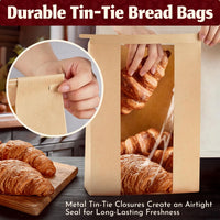 Brown Craft Paper Bread Bags with Window & Tin Ties (30 Pack + Stickers) - 14x8.3x3.5" Bakery Bags for Homemade Bread, Small Batch Baking, Home Bakery, Fresh Pastries & Bake Sale Gift Packaging