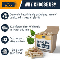 ALBO Wooden Dowel Pins 10x50mm Fluted 150 Pack