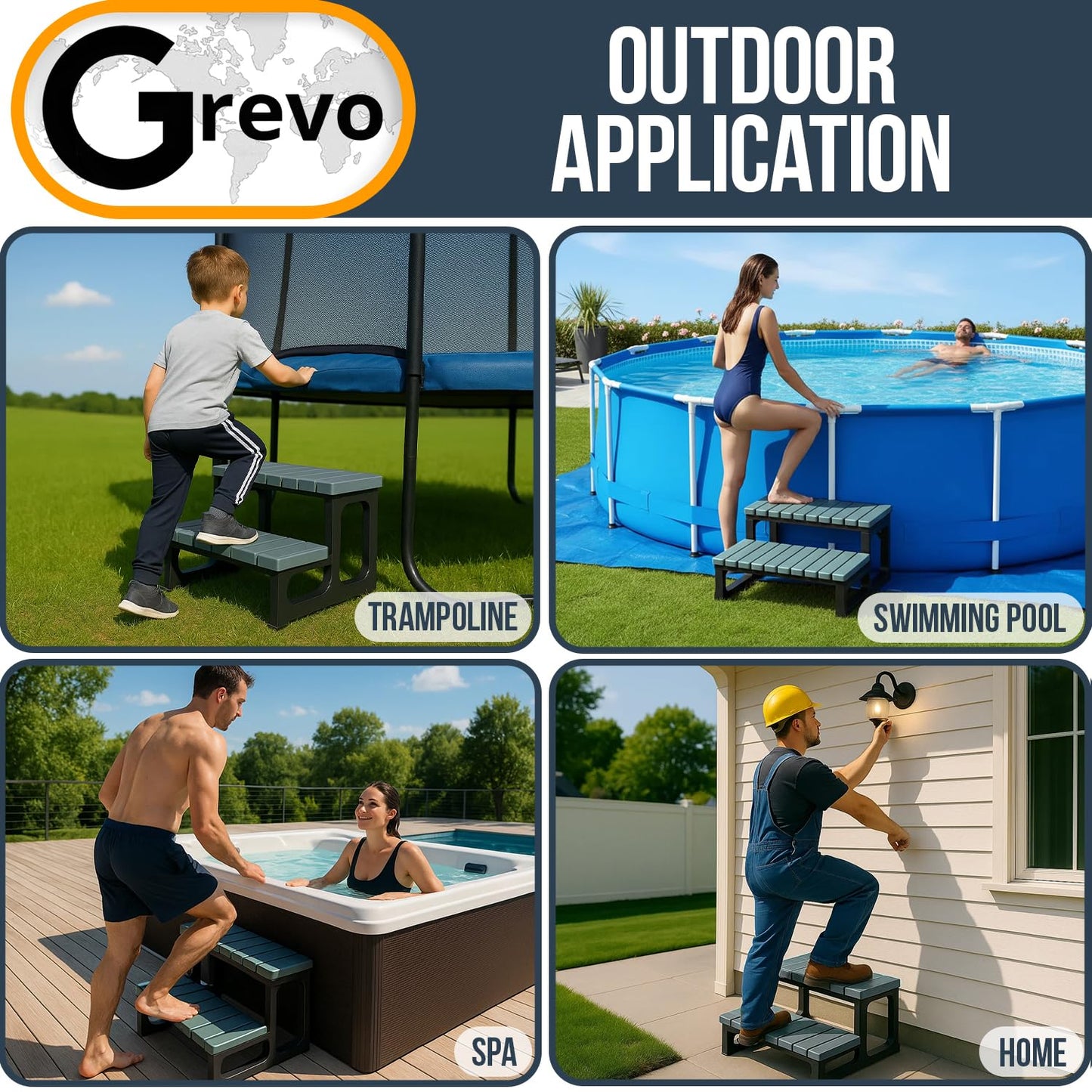 GREVO Hot Tub Steps Grey/Spa Steps for Round or Straight Sided Spa, Non-Slip Steps for Outdoor/Indoor (Grey)
