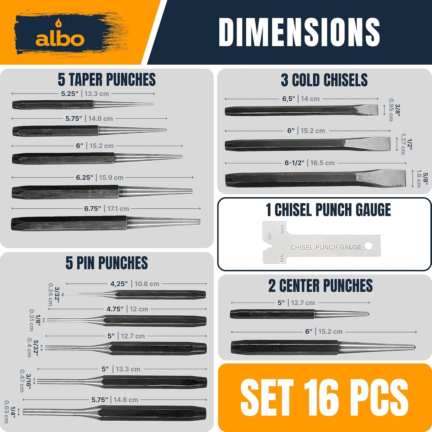 ALBO Punch and Chisel Set 16 PCS Chrome Vanadium Steel