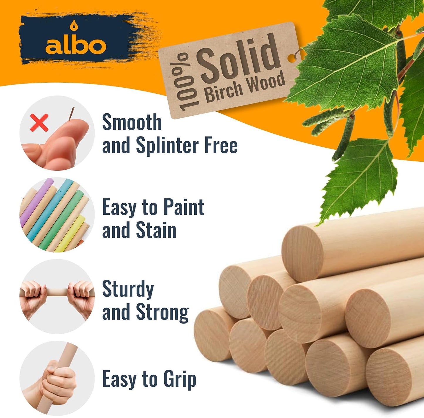 Albo 1" x 36" Birch Wooden Dowel Rods - 10 Pack for Crafts, Furniture & DIY Projects