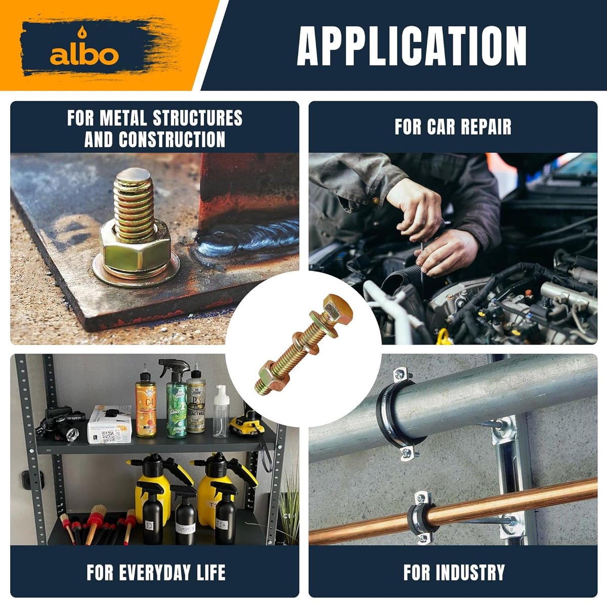ALBO Grade 5 Yellow Zinc Hex Bolts and Nuts Assortment 1/4"-3/8", 1/2"-1-1/2" Lengths, 600pcs