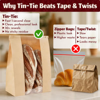 Brown Kraft Paper Bread Bags with Window & Tin Ties (50 Pack + Stickers) - 14x8.3x3.5" Bakery Storage Bags for Farmers Market, Cafe, Wedding Favors, Baguette & Pastry Shop Gift Packaging