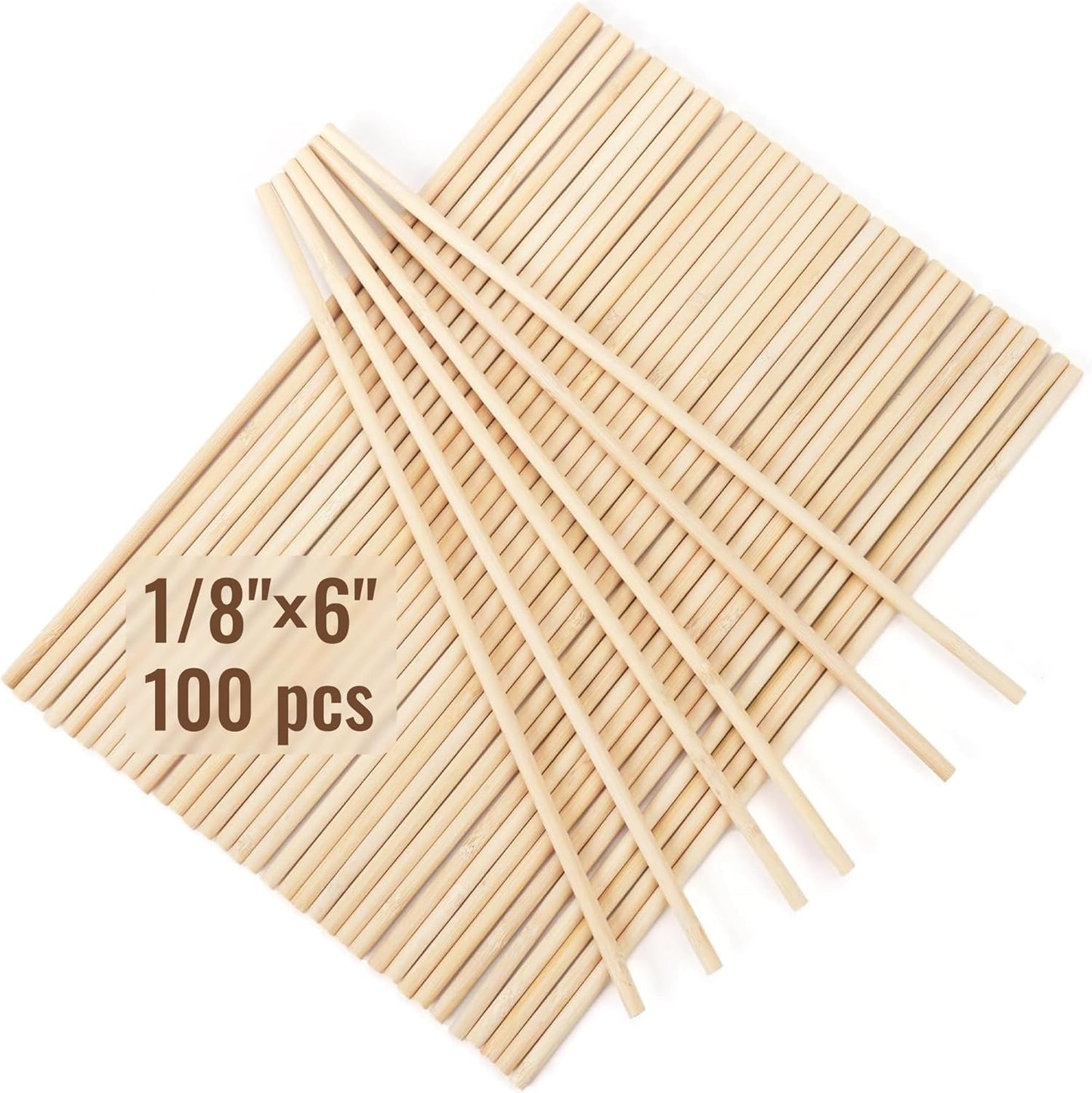 Bamboo Wooden Dowel Rods 100 PCS 1/8" x 6" Inch Round Wood Sticks for Crafts, DIY Projects and Macrame Hardwood Assorted Bouquet Sticks Cake Dowels for Tiered Cakes