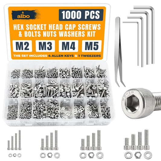 ALBO 304 Stainless Steel Metric Screw Assortment M2 M3 M4 M5, 1000PCS Hex Socket Cap Screws with Nuts, Flat & Spring Washers, 4 Allen Keys, Tweezers, Organized Storage Box for Home, Workshop & DIY