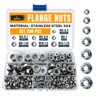 ALBO 200 PCS Metric Hex Flange Lock Nuts Assortment Set – Stainless Steel 304 Metric Nuts in Reusable Box – Hardware for Automotive & DIY – M3, M4, M5, M6, M8, M10, M12