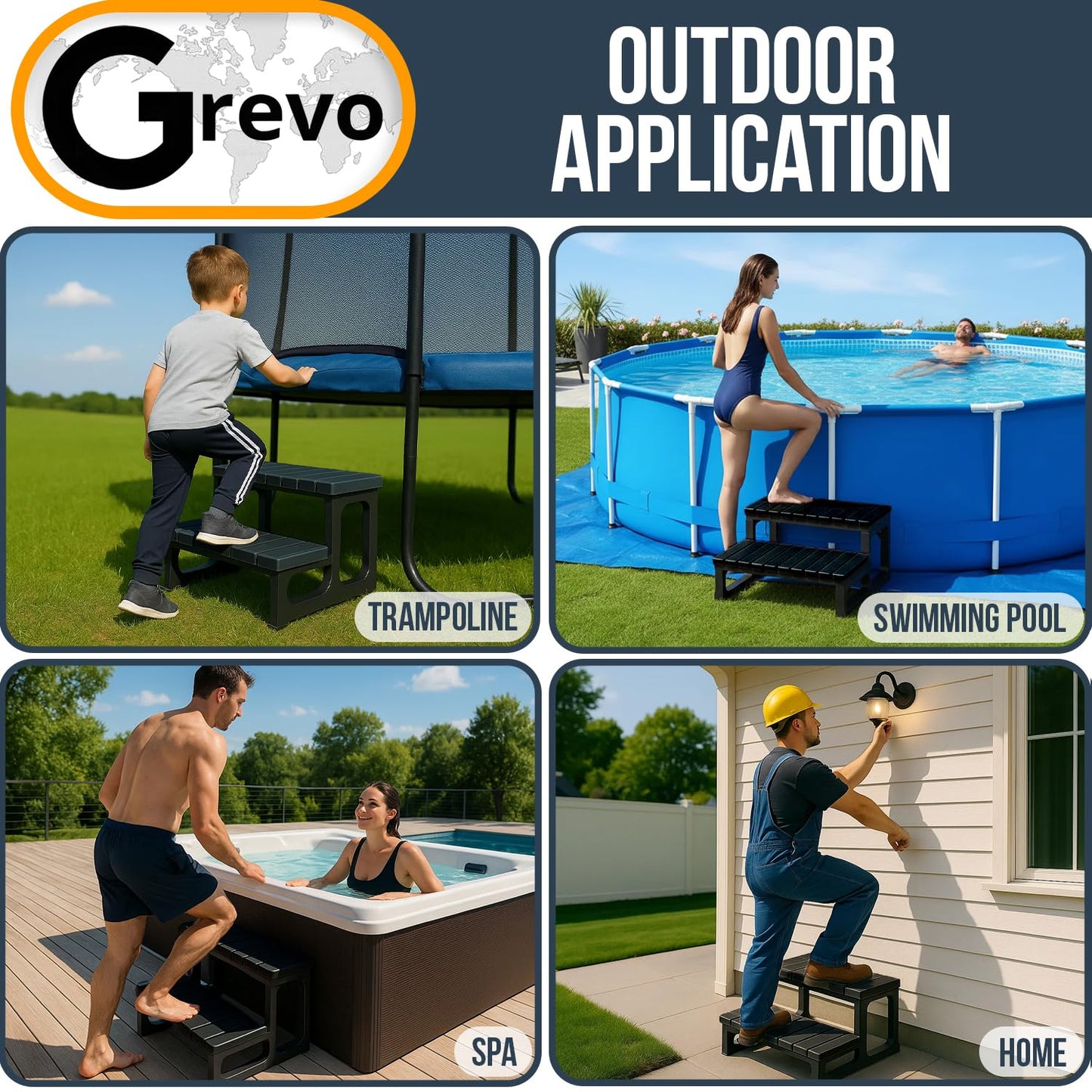 GREVO Hot Tub Steps/Spa Steps for Round or Straight Sided Spa, Non-Slip Steps for Outdoor/Indoor (Black)