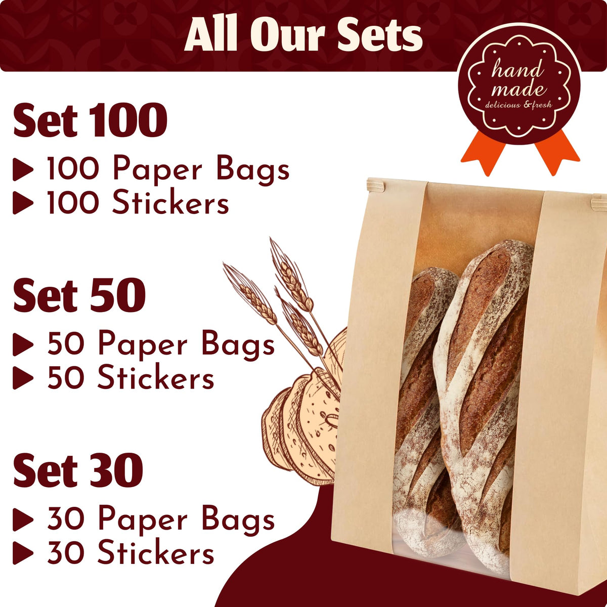 Brown Craft Paper Bread Bags with Window & Tin Ties (30 Pack + Stickers) - 14x8.3x3.5" Bakery Bags for Homemade Bread, Small Batch Baking, Home Bakery, Fresh Pastries & Bake Sale Gift Packaging