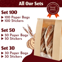 Brown Craft Paper Bread Bags with Window & Tin Ties (30 Pack + Stickers) - 14x8.3x3.5" Bakery Bags for Homemade Bread, Small Batch Baking, Home Bakery, Fresh Pastries & Bake Sale Gift Packaging