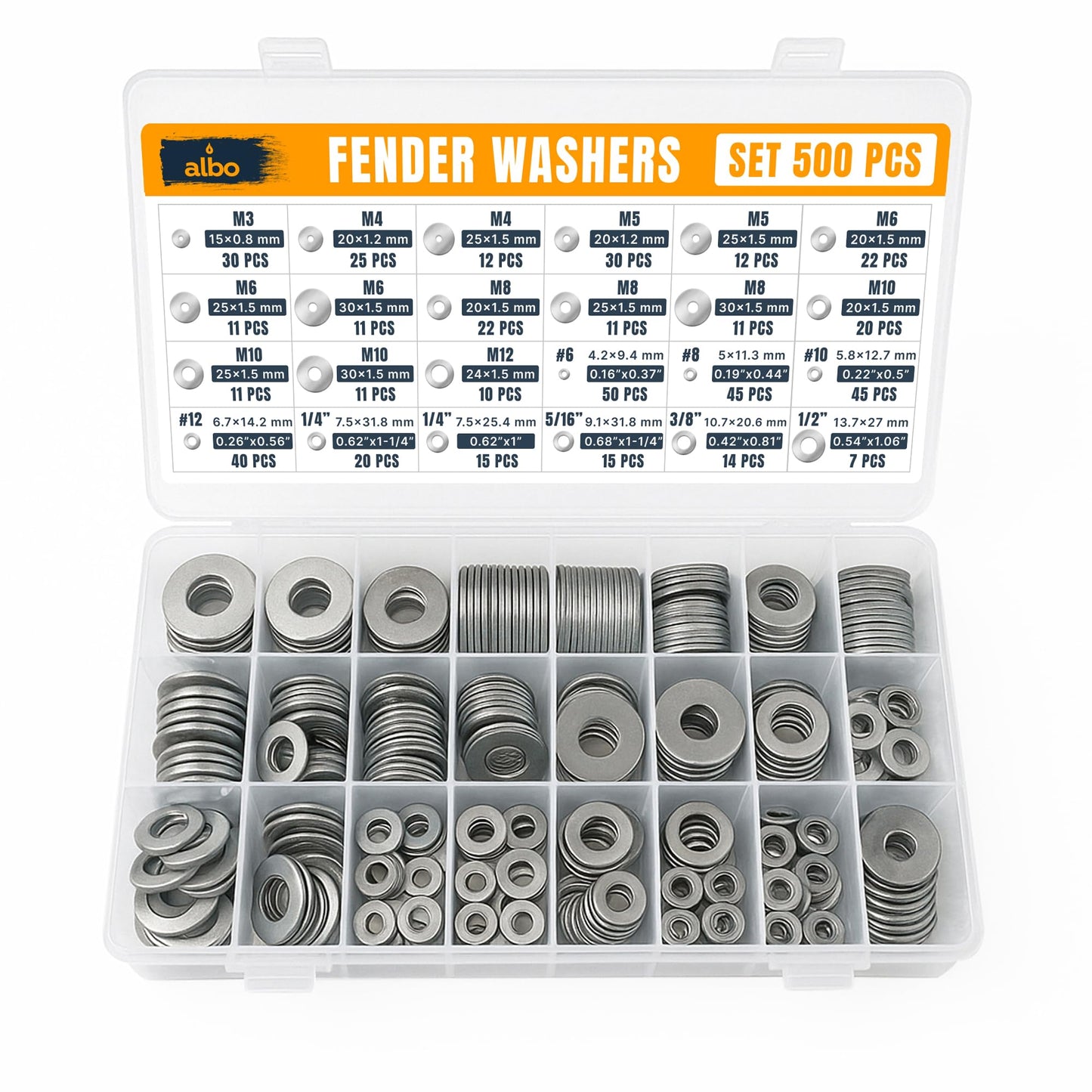 ALBO 500 Pcs Stainless Steel Fender Washers Assortment Kit – Flat Washers Set for Screws & Bolts, 304 Stainless Steel, Assorted Sizes M3-M12, #6-#12, 1/4" to 1/2" for Industrial & DIY Use