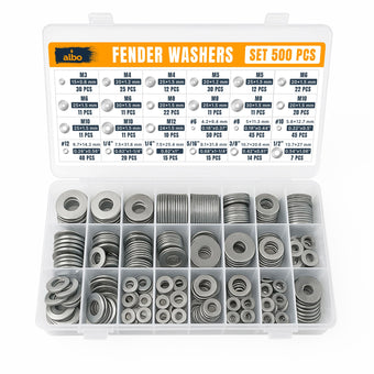 compare product ALBO 500 Pcs Stainless Steel Fender Washers Assortment Kit – Flat Washers Set for Screws & Bolts, 304 Stainless Steel, Assorted Sizes M3-M12, #6-#12, 1/4