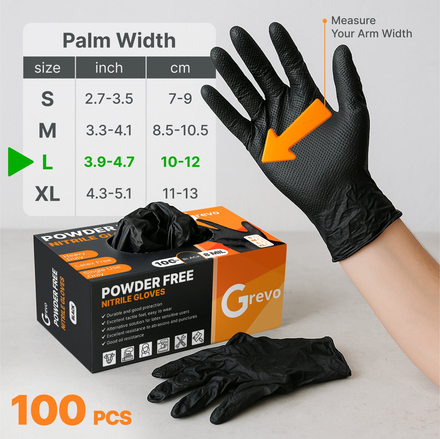 Disposable 8 Mil Black Nitrile Gloves L, 100pcs