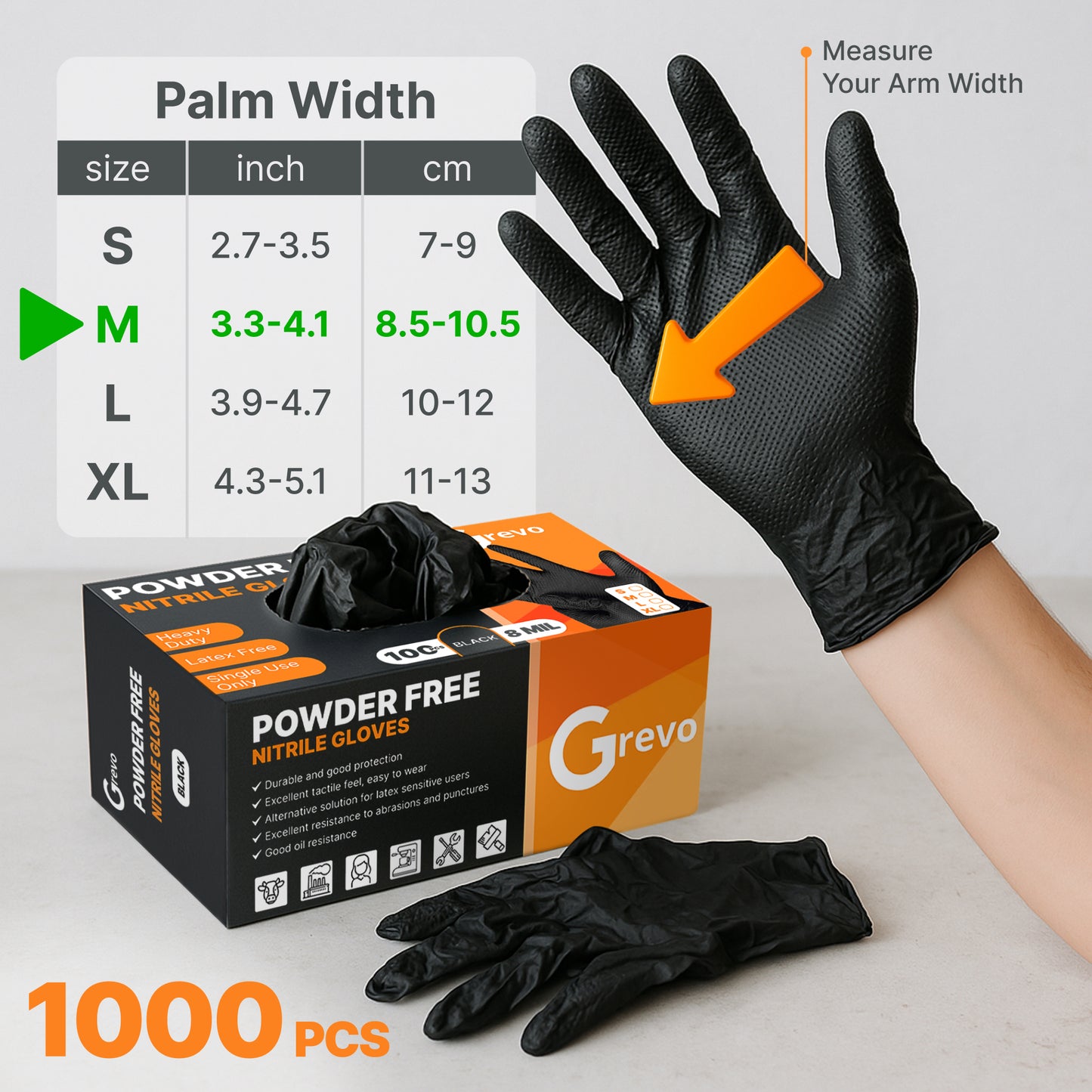 Disposable 8 Mil Black Nitrile Gloves M, 1000pcs