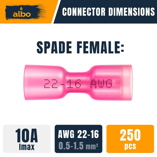 ALBO Heat Shrink Female Spade Connectors Kit AWG 22–16 Red 250pcs