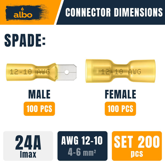 ALBO Heat Shrink Male and Female Spade Connectors AWG 12-10 200pcs