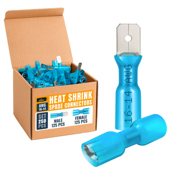 compare product ALBO 250PCS Heat Shrink Male and Female Spade Connectors Kit AWG 16-14 Blue