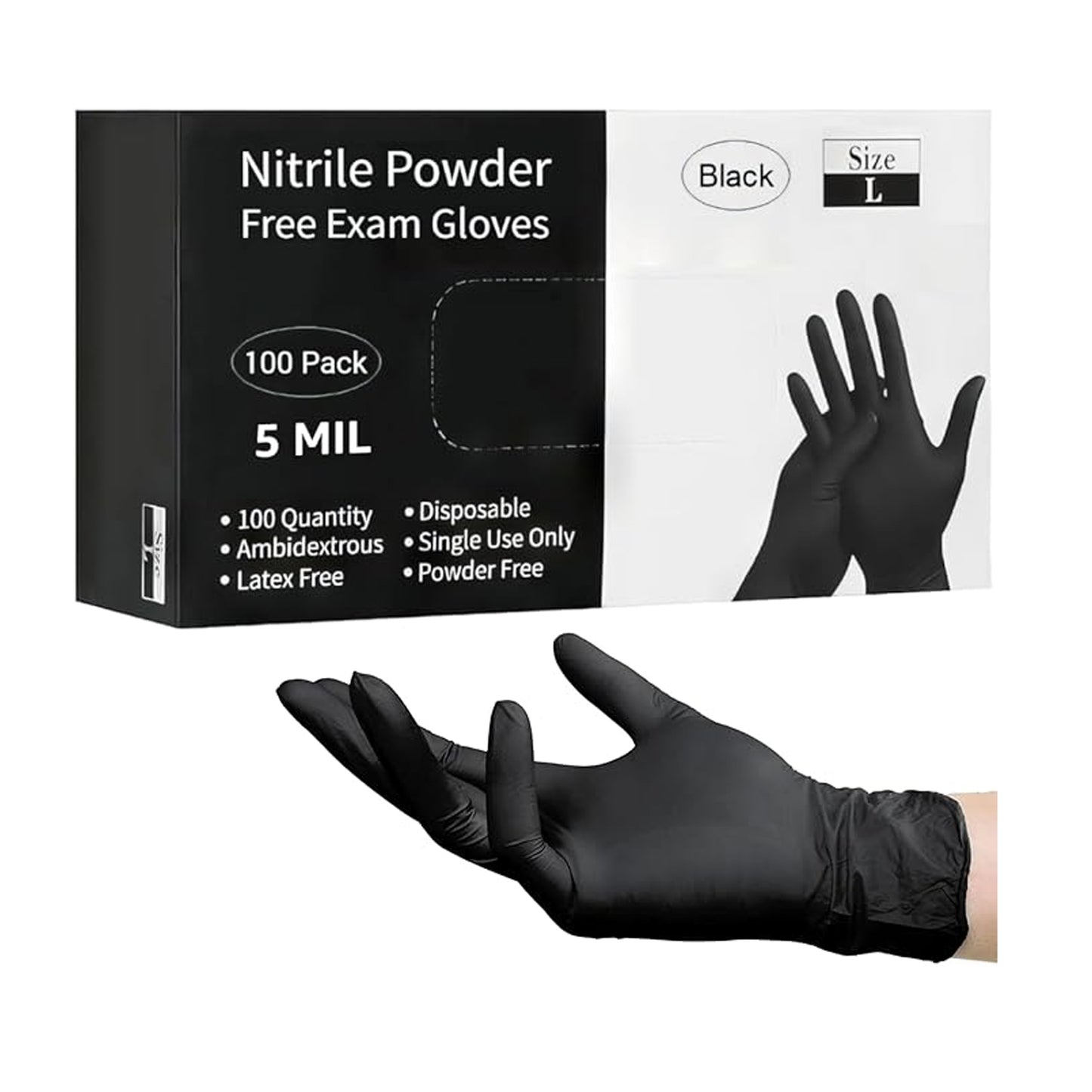 Disposable Black Nitrile Gloves 100-1000 Pcs (S/M/L/XL) 5 Mil Latex & Powder Free Chemical Resistant Food Safe & Durable "L" 100ps.