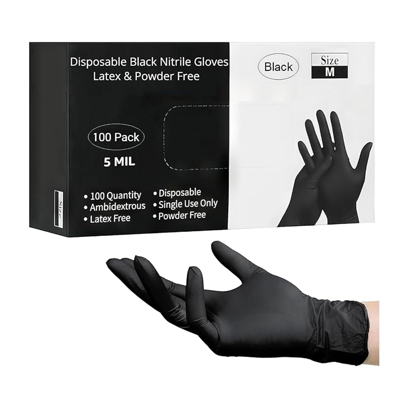 Disposable Black Nitrile Gloves 100-1000 Pcs (S/M/L/XL) 5 Mil Latex & Powder Free Chemical Resistant Food Safe & Durable "M" 100pcs.