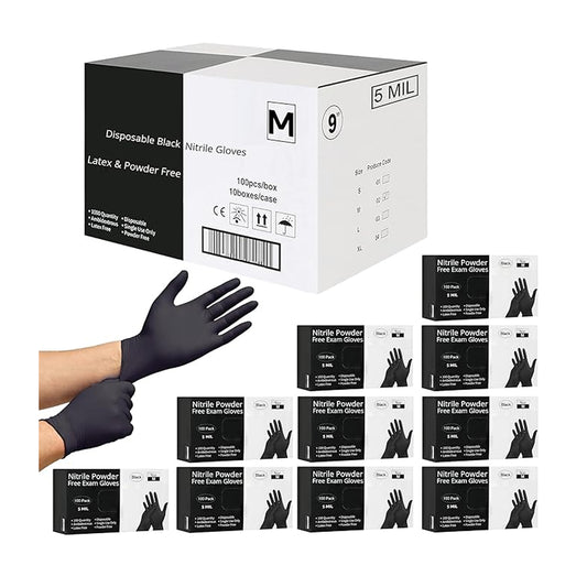 Disposable Black Nitrile Gloves 100-1000 Pcs (S/M/L/XL) 5 Mil Latex & Powder Free Chemical Resistant Food Safe & Durable "M" 1000pcs.