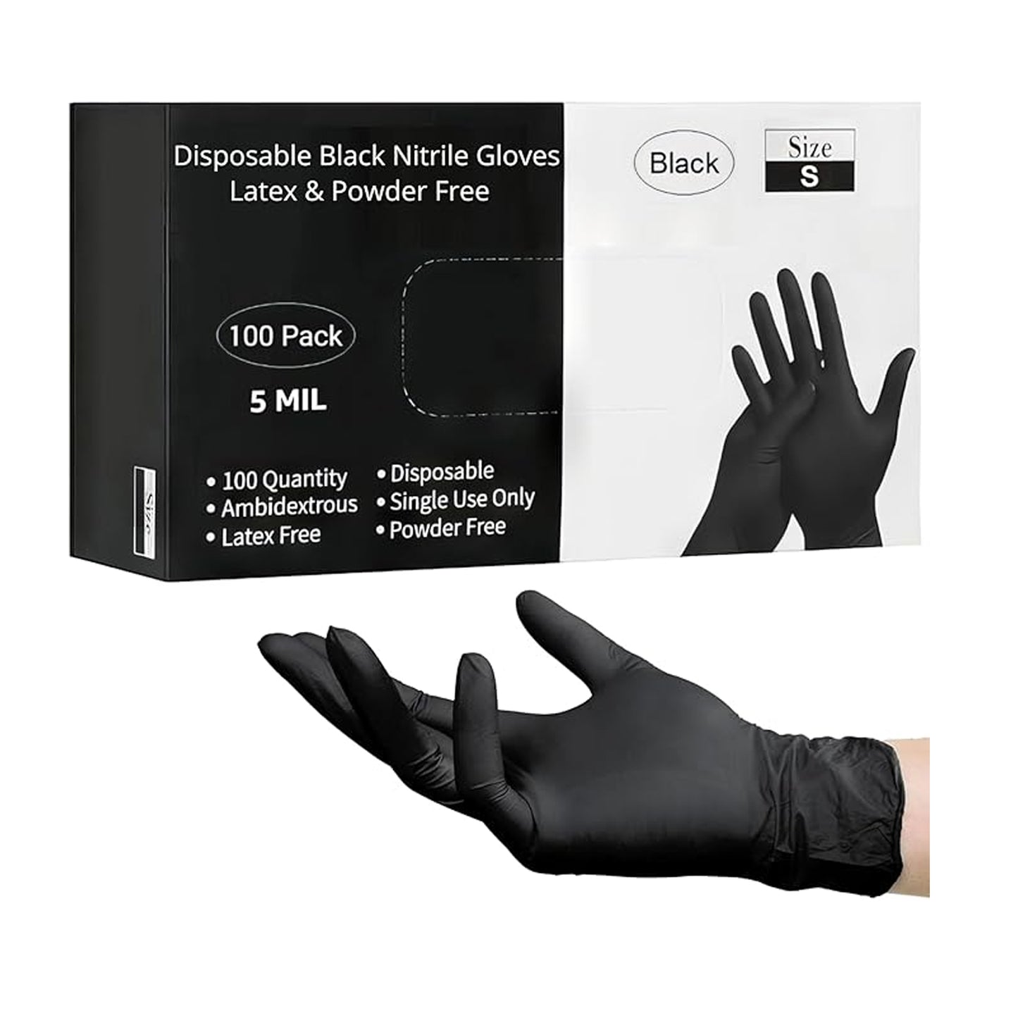 Disposable Black Nitrile Gloves 100-1000 Pcs (S/M/L/XL) 5 Mil Latex & Powder Free Chemical Resistant Food Safe & Durable "S" 100pcs.