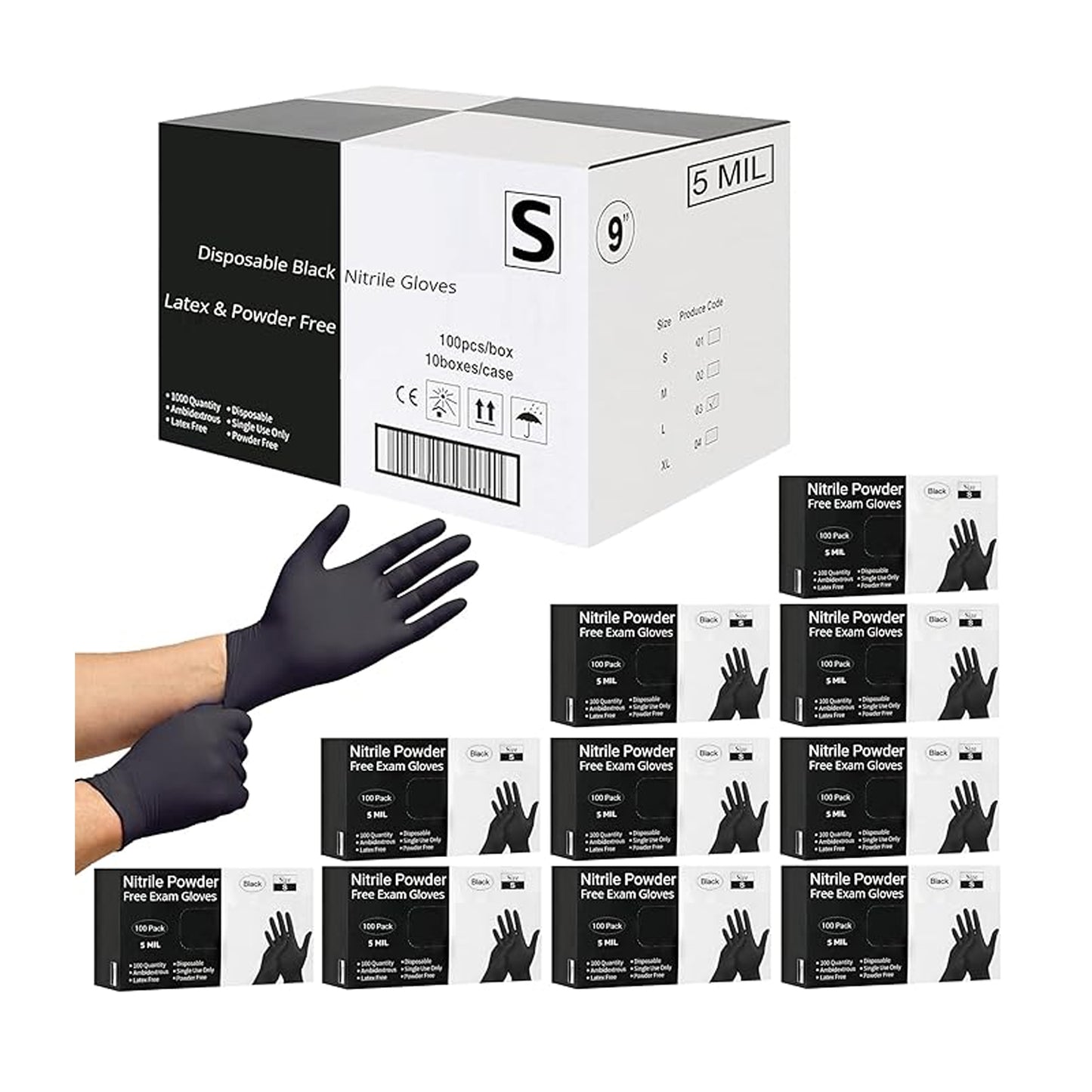 Disposable Black Nitrile Gloves 100-1000 Pcs (S/M/L/XL) 5 Mil Latex & Powder Free Chemical Resistant Food Safe & Durable "S" 1000pcs.