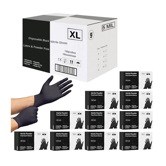 Disposable Black Nitrile Gloves 100-1000 Pcs (S/M/L/XL) 5 Mil Latex & Powder Free Chemical Resistant Food Safe & Durable "XL" 1000pcs.