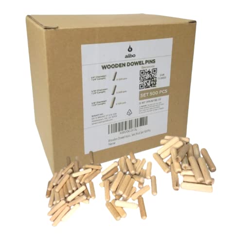ALBO Wooden Dowel Pins 500 Pack Assorted Sizes 1/4 + 5/16 + 3/8 inch Fluted Wood Dowels Rods Hardwood Crafts Dowel Pegs…
