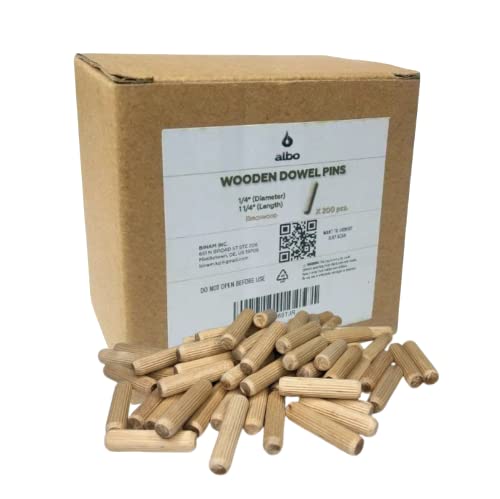 ALBO Wooden Dowel Pins 1/4 x 1-1/4 inch Fluted Wood Dowels Rods 200 Pack Hardwood Crafts Dowel Pegs
